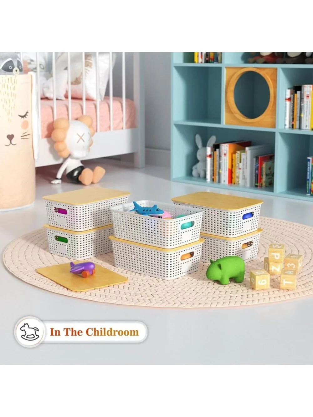 Stackable Plastic Storage Baskets with Bamboo Lids - 6 Pack for Organizing Home